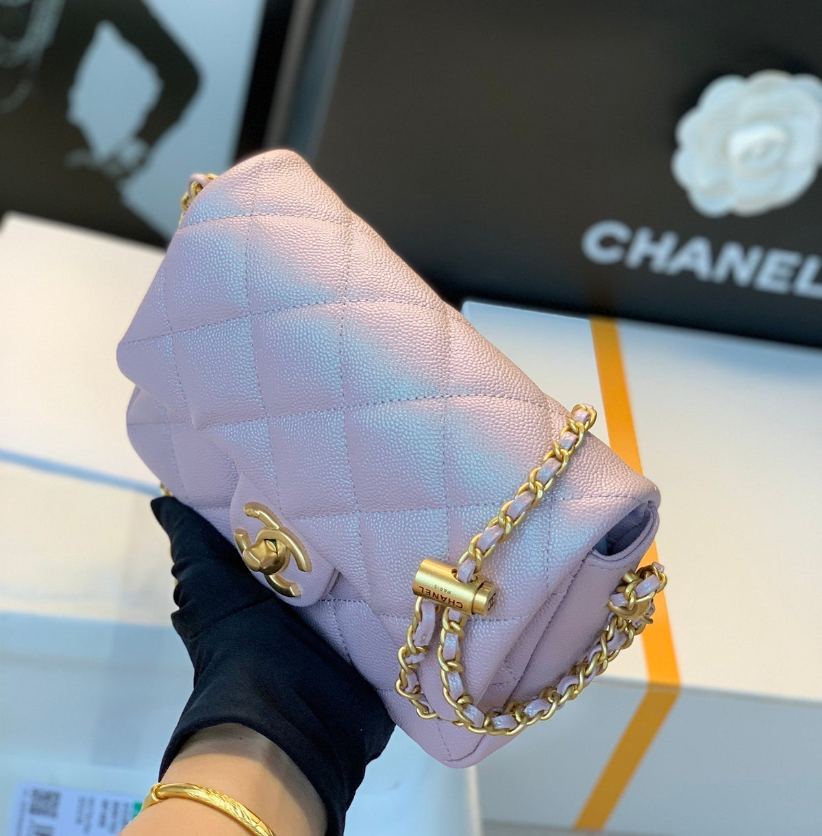 CHANEL 25S CLASSIC FLAP 19 CM IN MAUVE PINK CAVIAR LEATHER WITH GOLD HARDWARE