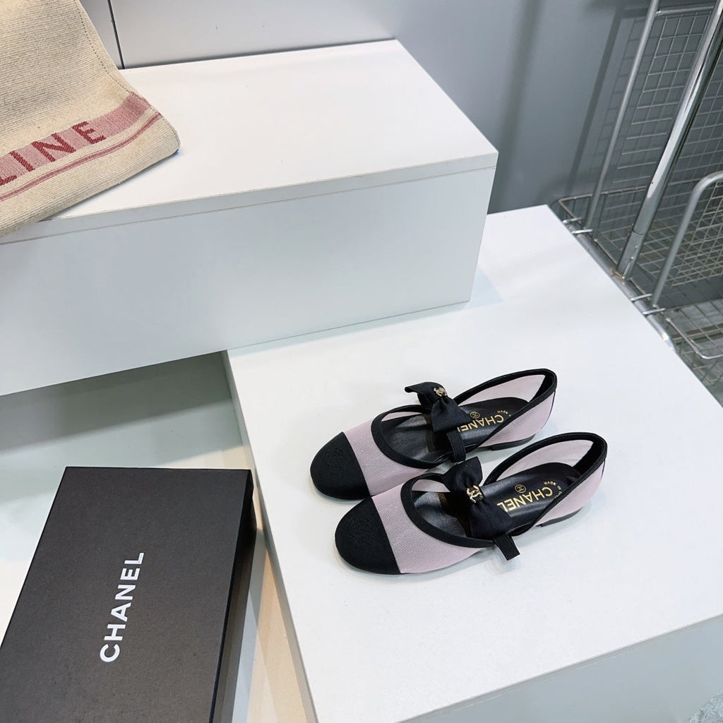 CHANEL FLAT MARY JANE SHOES 25S IN LIGHT PURPLE MIX BLACK MESH FABRIC EMBOSSED LOGO WITH BOW