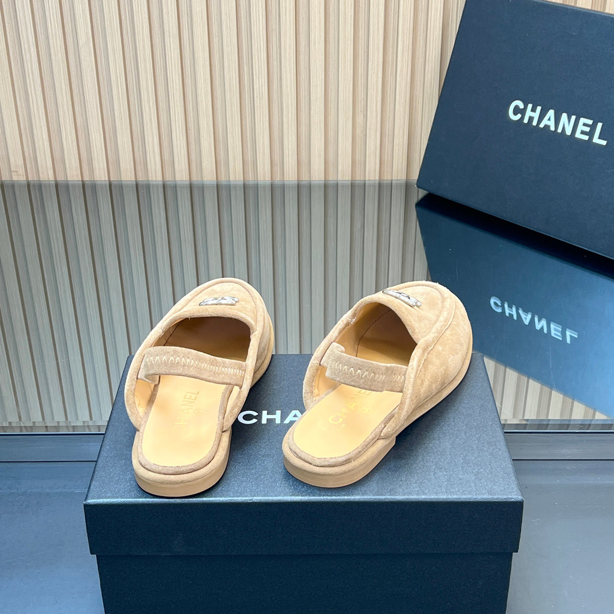 CHANEL 25S BACK STRAP MULE 15MM IN LIGHT BROWN SUEDE SILVER HARDWRE