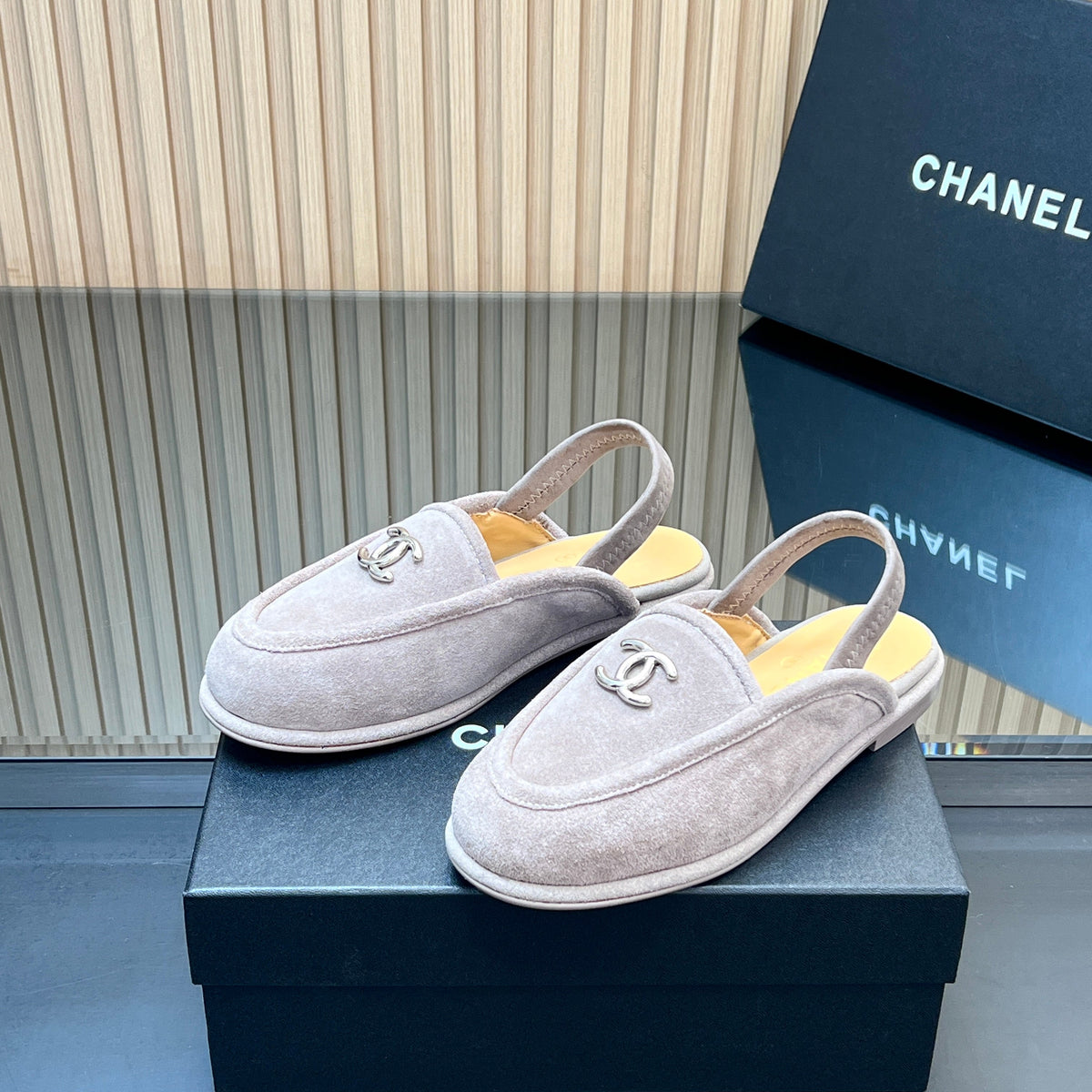 CHANEL 25S BACK STRAP MULE 15MM IN LIGHT GRAY SUEDE SILVER HARDWRE