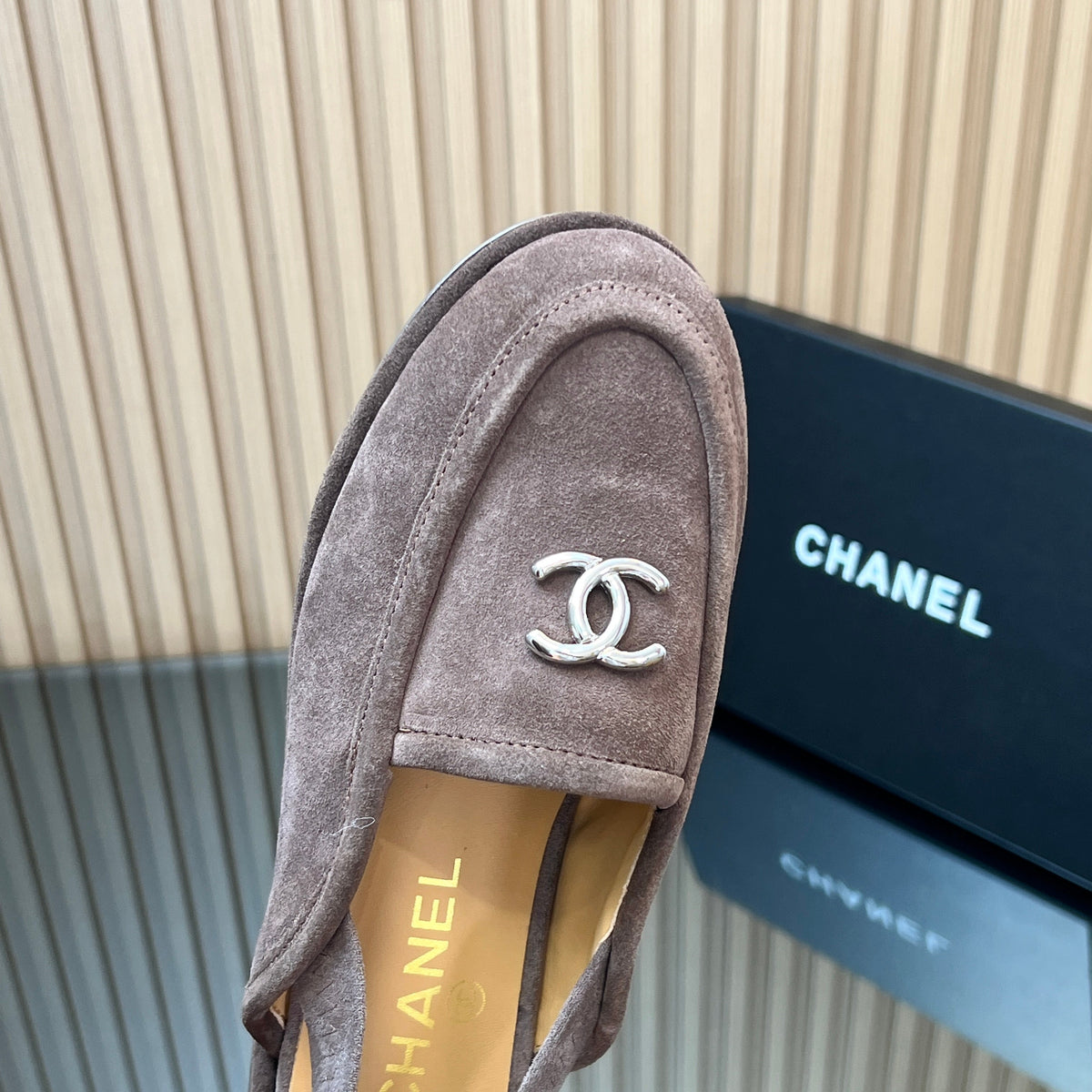 CHANEL 25S BACK STRAP MULE 15MM IN TAUPE GRAY SUEDE SILVER HARDWRE