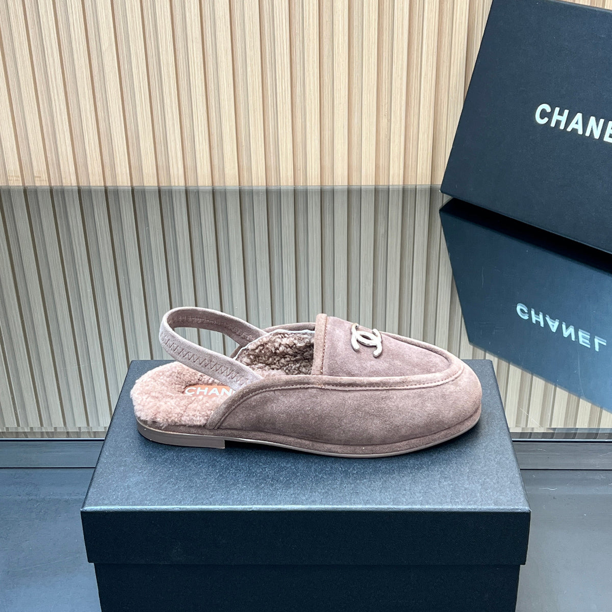 CHANEL 25S BACK STRAP MULE 15MM IN TAUPE GRAY SUEDE AND WOOL SILVER HARDWRE