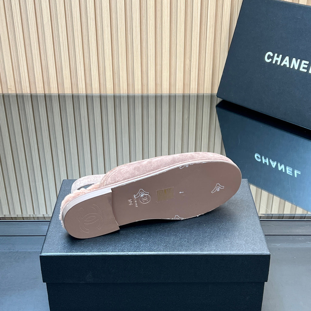 CHANEL 25S BACK STRAP MULE 15MM IN TAUPE GRAY SUEDE AND WOOL SILVER HARDWRE