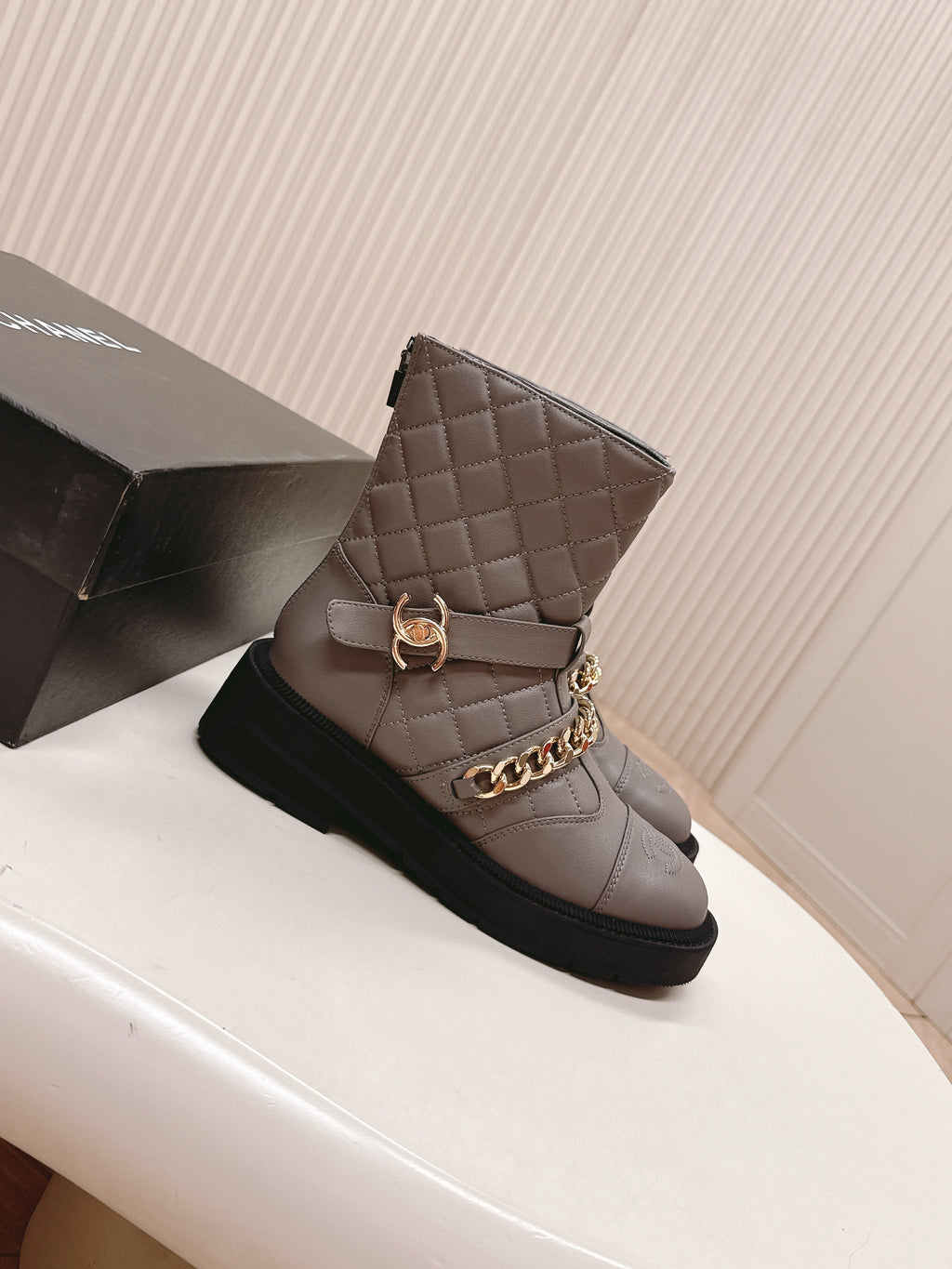 CHANEL ANKLE BOOTS 25S IN SMOKY GREY LAMBSKIN EMBOSSED LOGO WITH GOLD HARDWARE