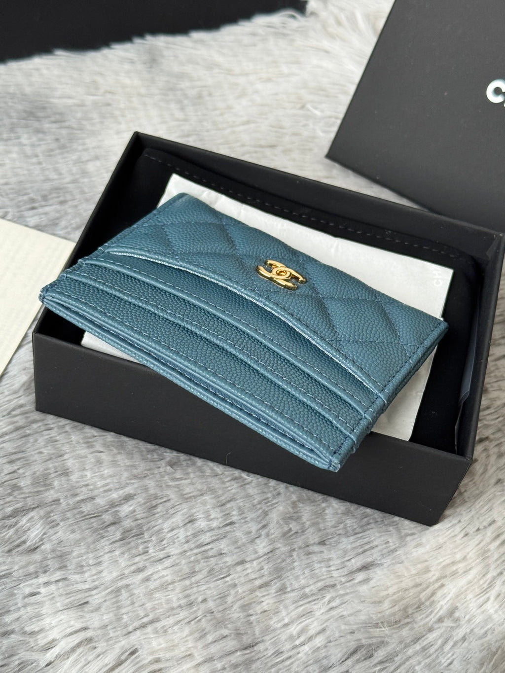 CHANEL 25S CARD HOLDER 11 IN SLATE BLUE CAVIAR GOLD HARDWARE