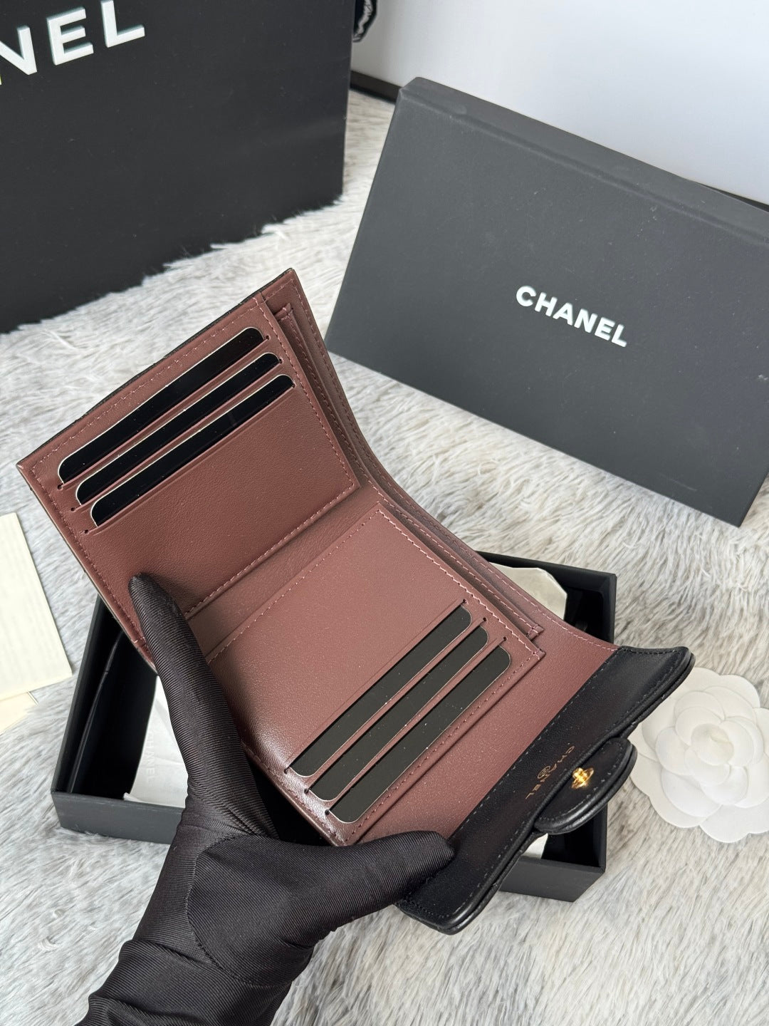CHANEL 25S CF SMALL TRI FOLD WALLET 11 IN BLACK LAMBSKIN GOLD HARDWARE