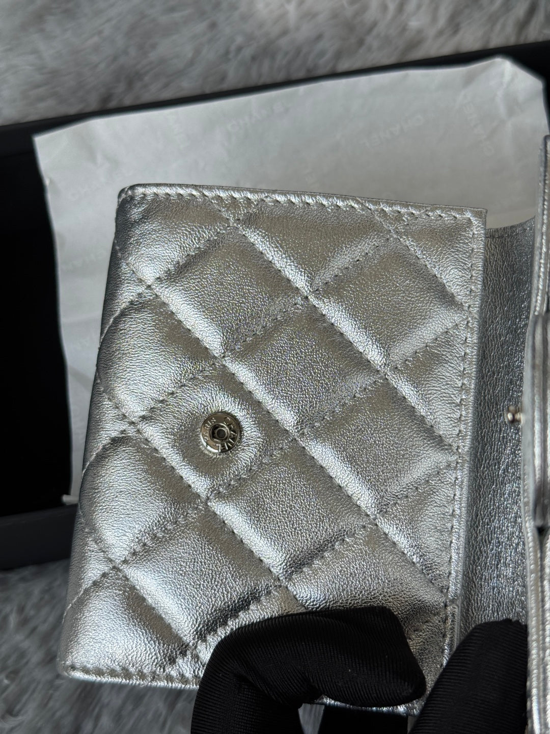 CHANEL 25S CF SMALL TRI FOLD WALLET 11 IN SILVER CAVIAR GOLD HARDWARE