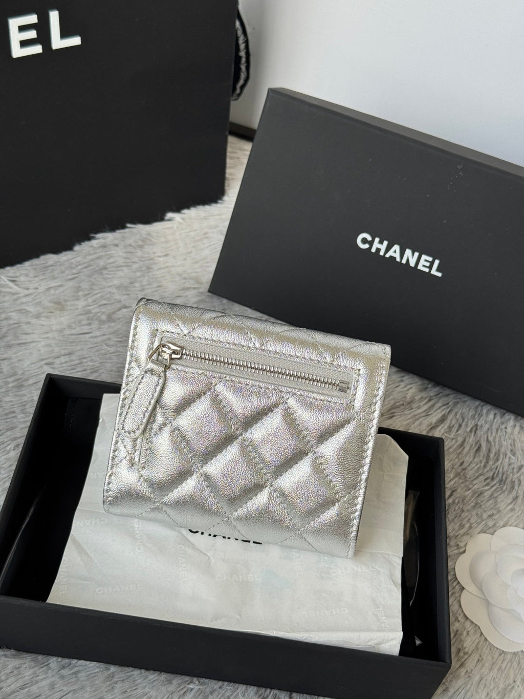 CHANEL 25S CF SMALL TRI FOLD WALLET 11 IN SILVER CAVIAR GOLD HARDWARE
