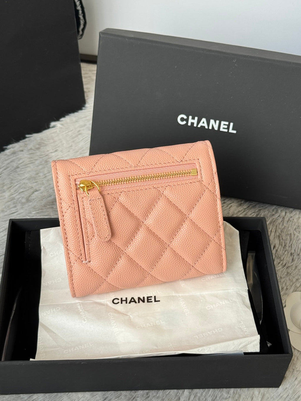 CHANEL 25S CF SMALL TRI FOLD WALLET 11 IN PEACH PINK CAVIAR GOLD HARDWARE