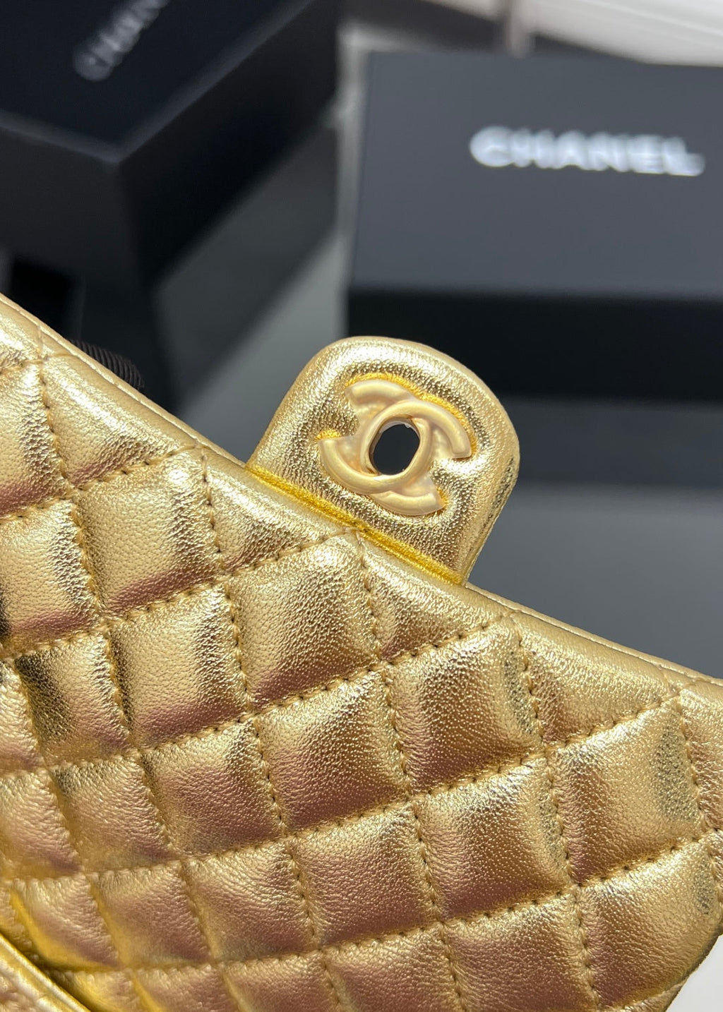 CHANEL 25S FLAP CHARM BAG 13 IN GOLD METALLIC LAMBSKIN