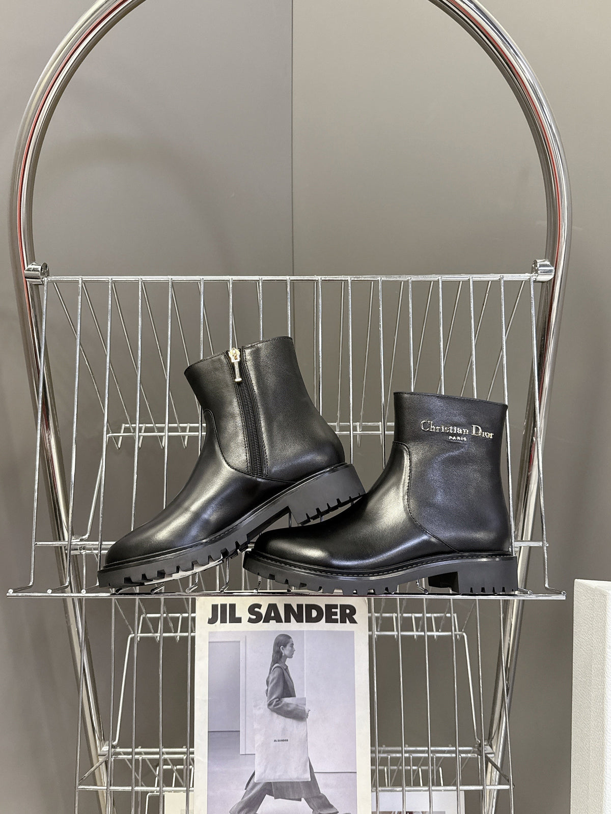 DIOR 25S D-MAJOR ANKLE BOOTS IN BLACK LAMBSKIN WITH GOLD HARDWARE