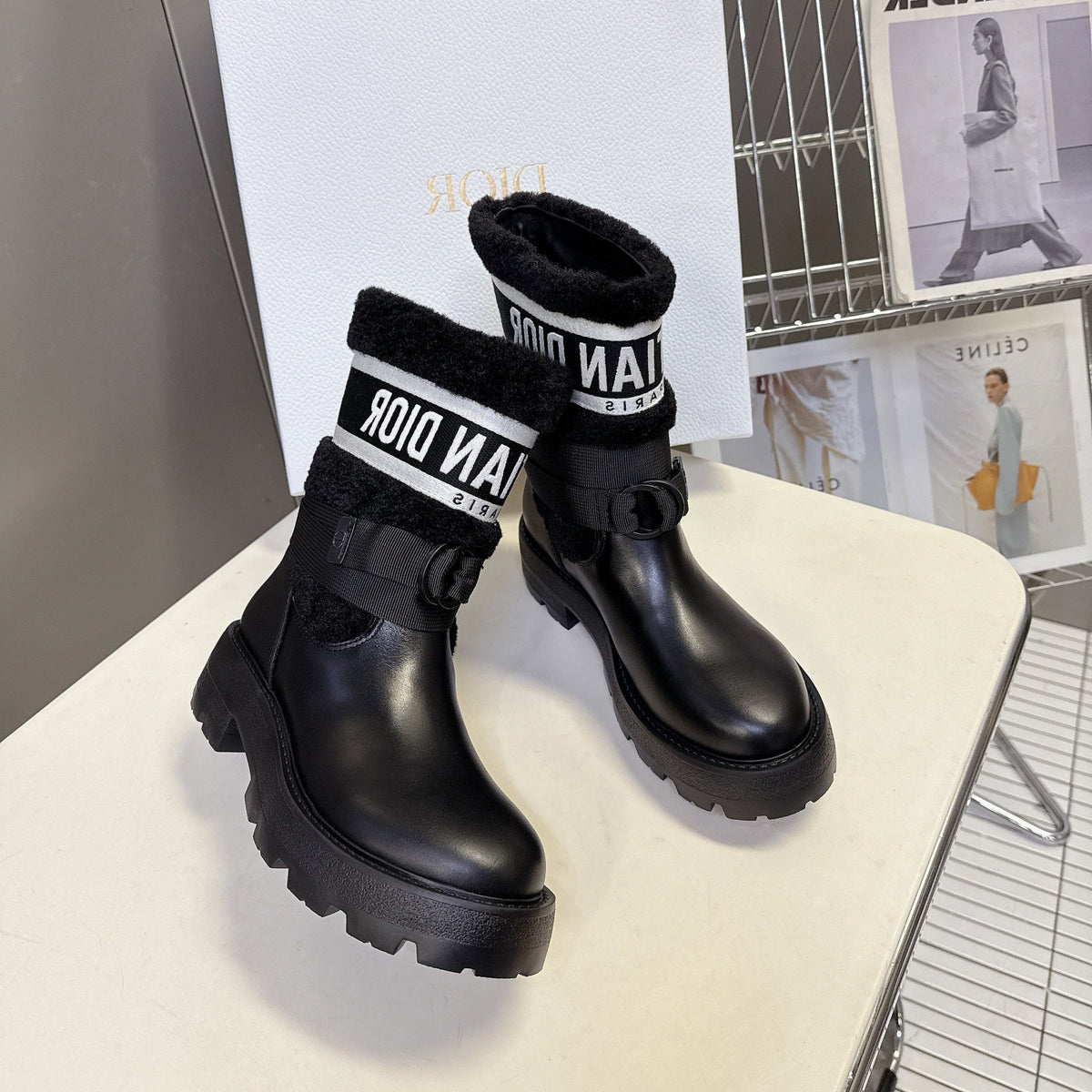 DIOR 25S D-MAJOR ANKLE BOOTS IN BLACK LAMBSKIN AND WOOL