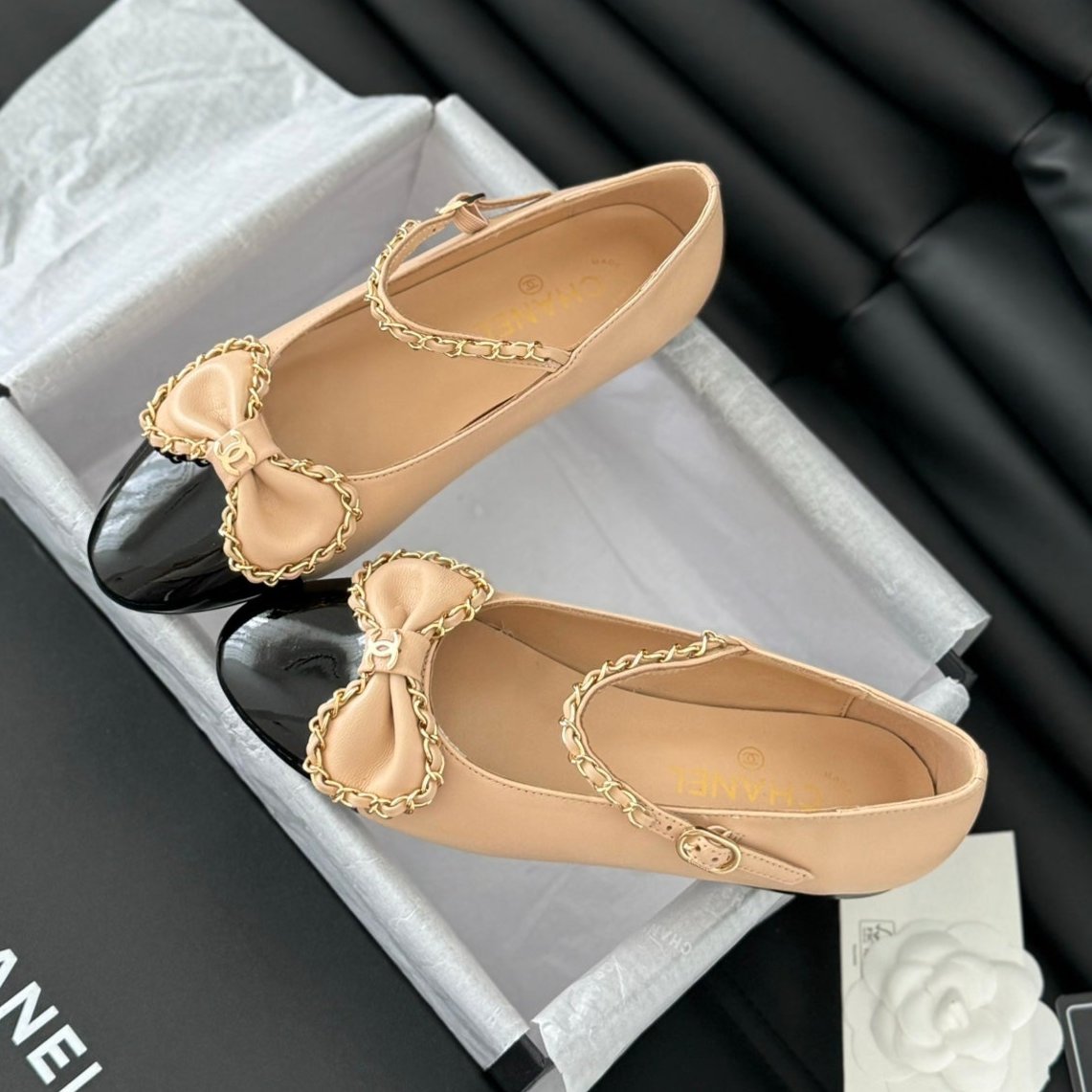 CHANEL BALLET FLATS IN SEPIA BEIGE LAMBSKIN WITH GOLD HARDWARE