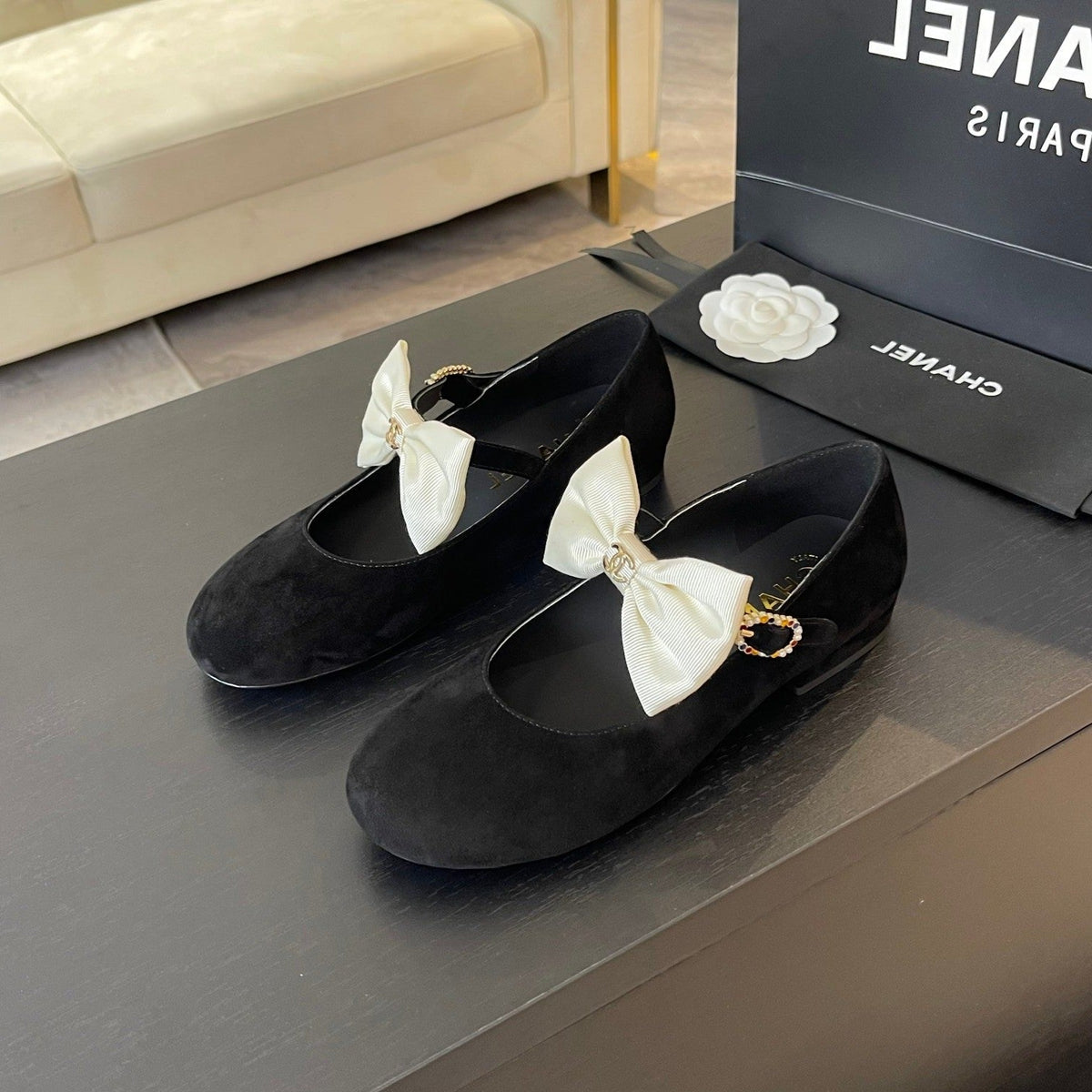 CHANEL BALLET FLAT BLACK SUEDE LAMBSKIN WITH WHITE BOW