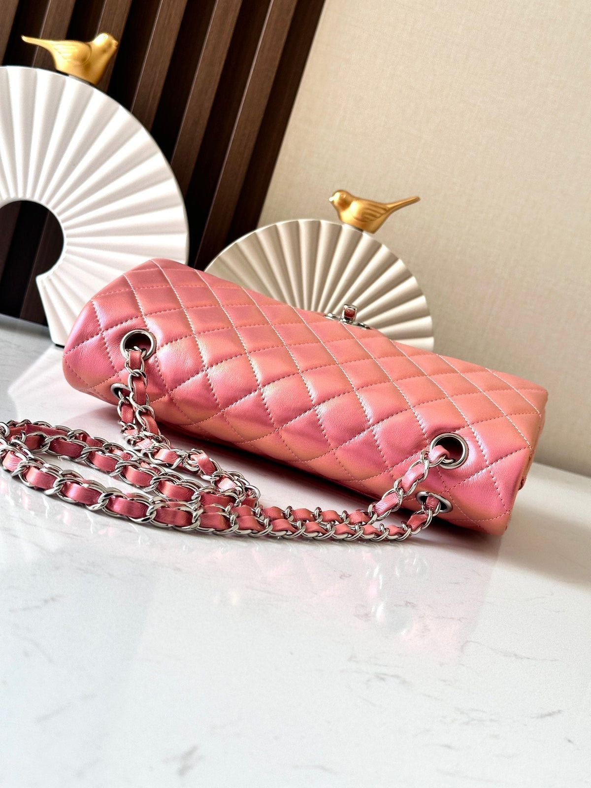 CHANEL 25S CLASSIC FLAP BAG 26 IN PEARL PINK LAMBSKIN WITH SILVER HARDWARE
