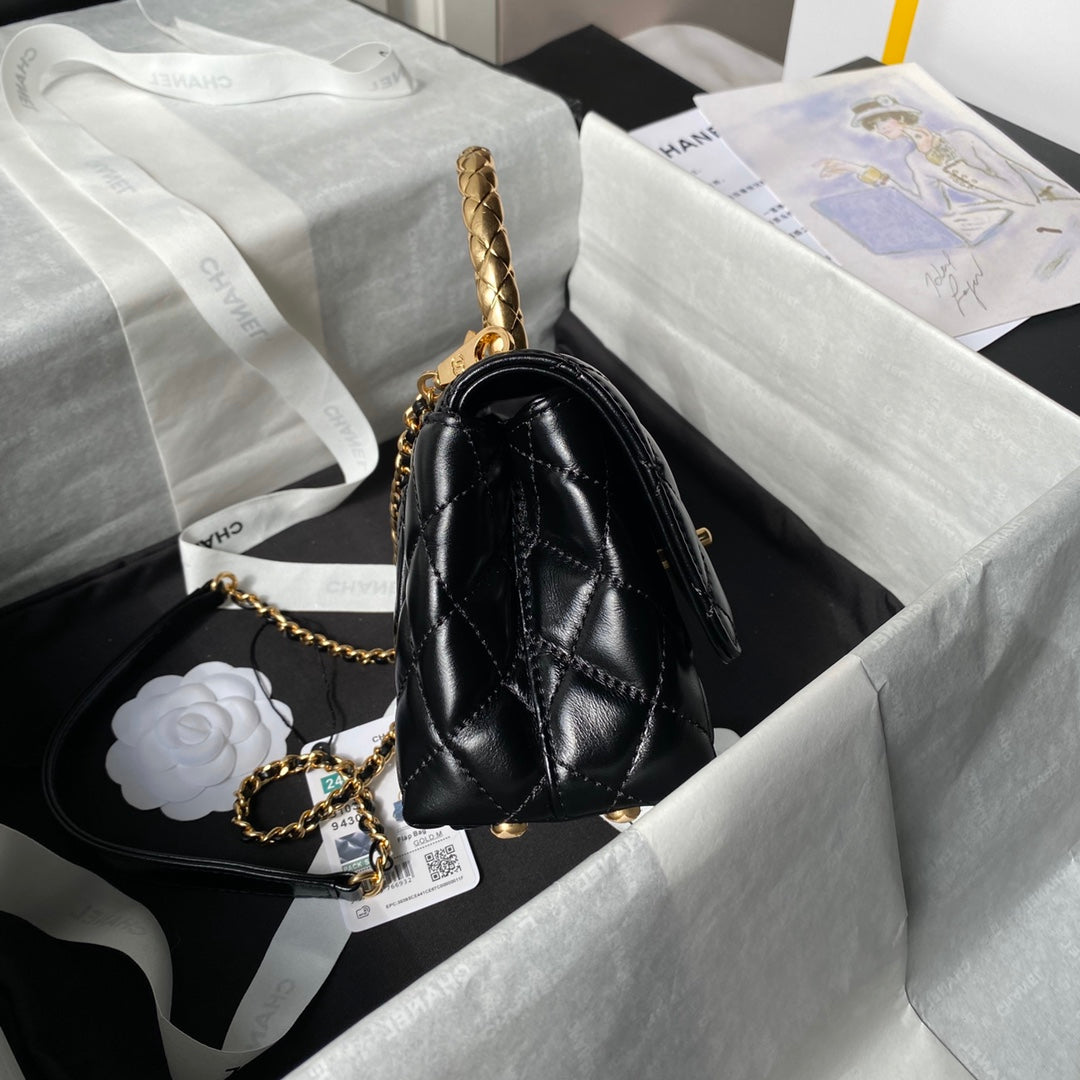 CHANEL 25S CLASSIC COCO HANDLE BAG 19 CM IN BLACK LAMBSKIN WITH GOLD HARDWARE