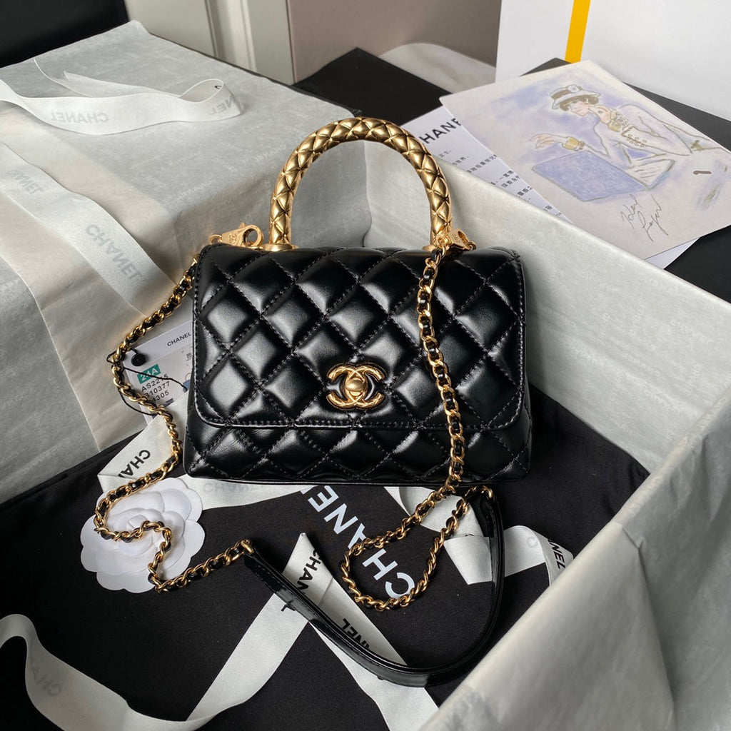 CHANEL 25S CLASSIC COCO HANDLE BAG 19 CM IN BLACK LAMBSKIN WITH GOLD HARDWARE