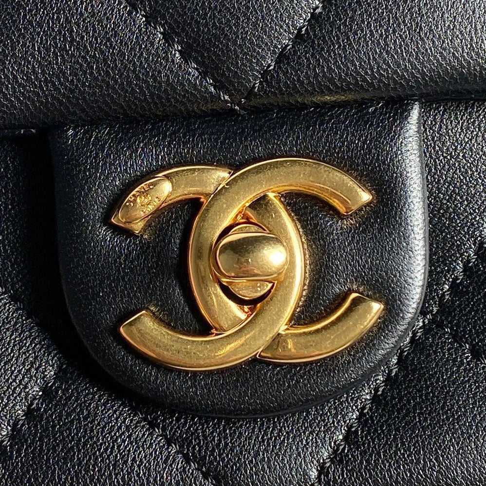 CHANEL MEDIUM FLAP BAG 26 IN BLACK CALFSKIN GOLD DOUBLE C THICK CHAIN