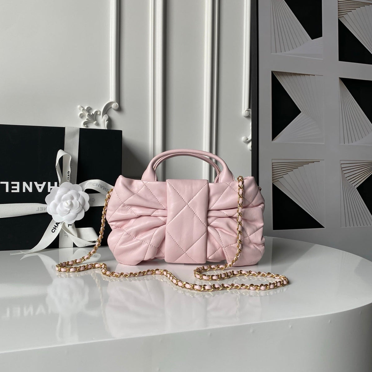 CHANEL 25S MINI BOW BAG 26 IN PINK LAMBSKIN WITH GOLD HARDWARE