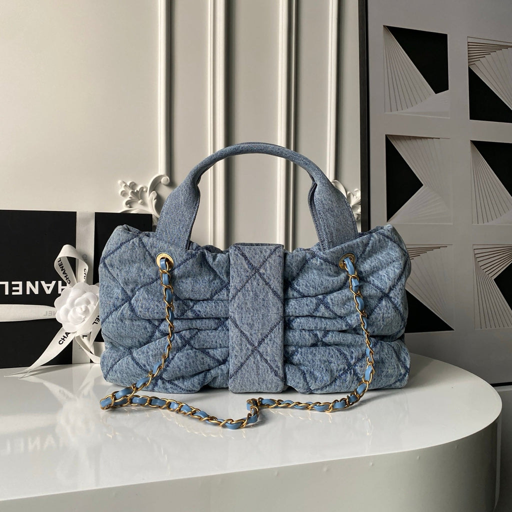 CHANEL 25S BOW BAG 38 IN DARK BLUE DENIM WITH GOLD HARDWARE