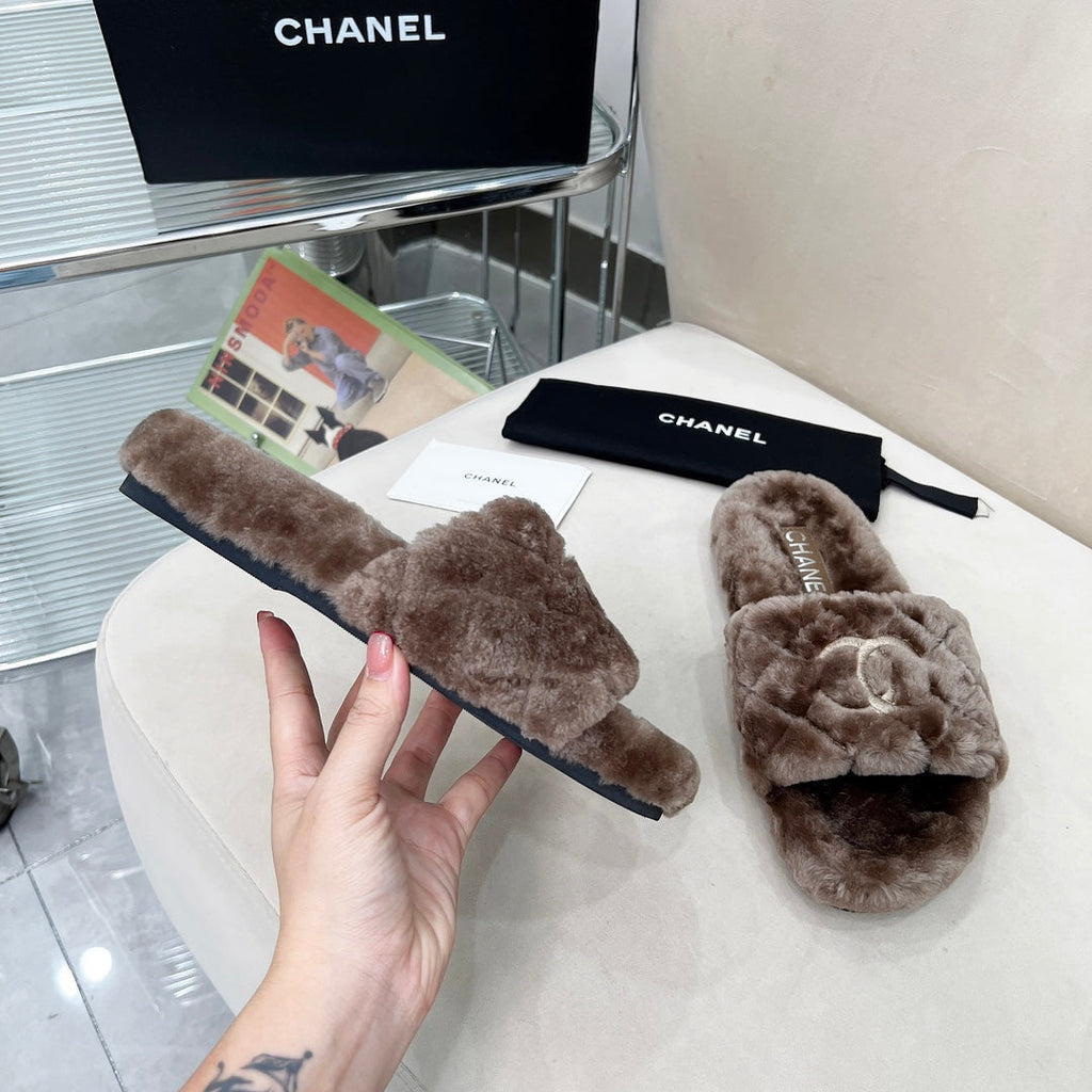 CHANEL 25S FUR SLIPPERS WITH EXPOSED-STITCH STRAPS IN DARK BROWN