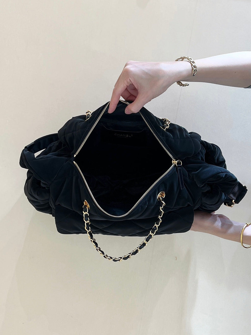 CHANEL HOBO 44 IN COCONEIGE BLACK NYLON VELVET GOLD HARDWARE