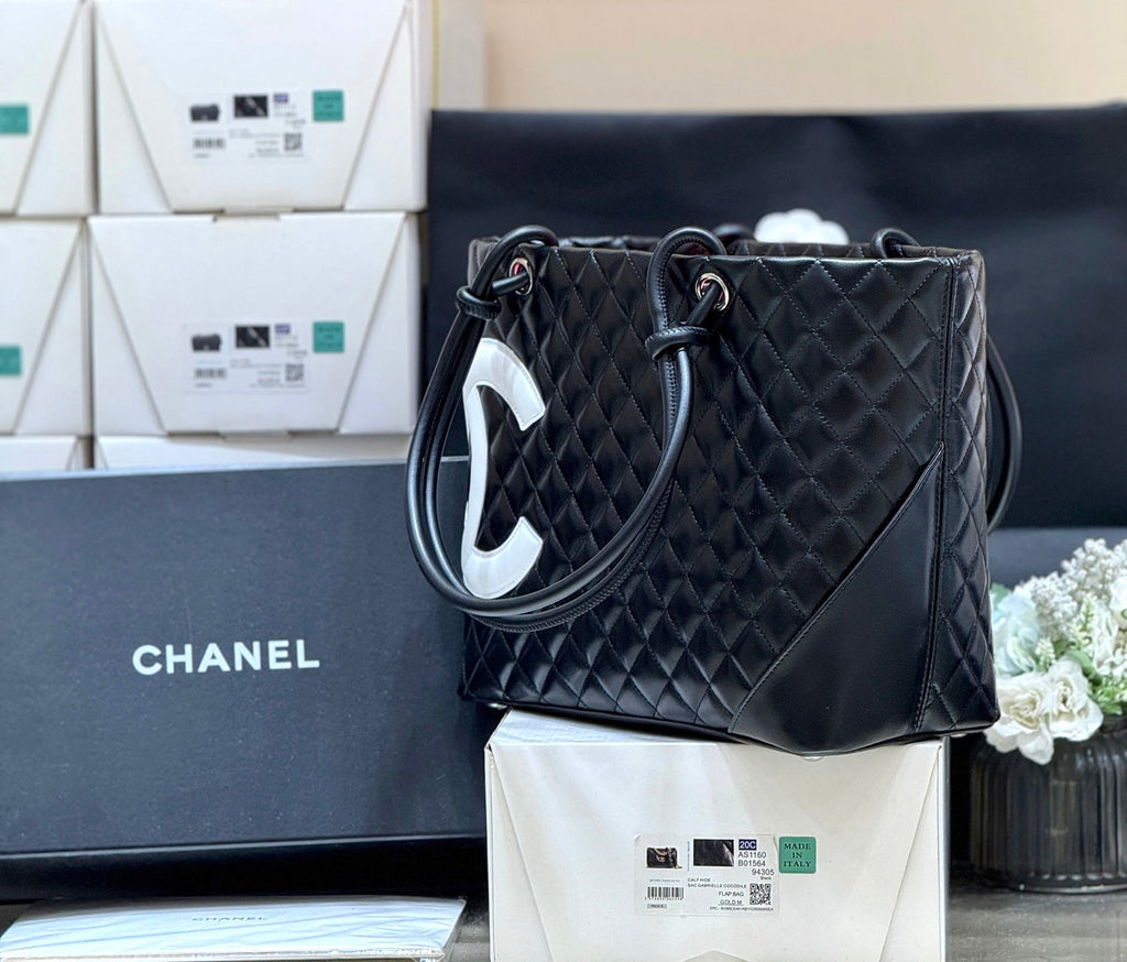 CHANEL 25S CAMBON LIGNE TOTE BAG 30 IN BLACK AND WHITE LAMBSKIN