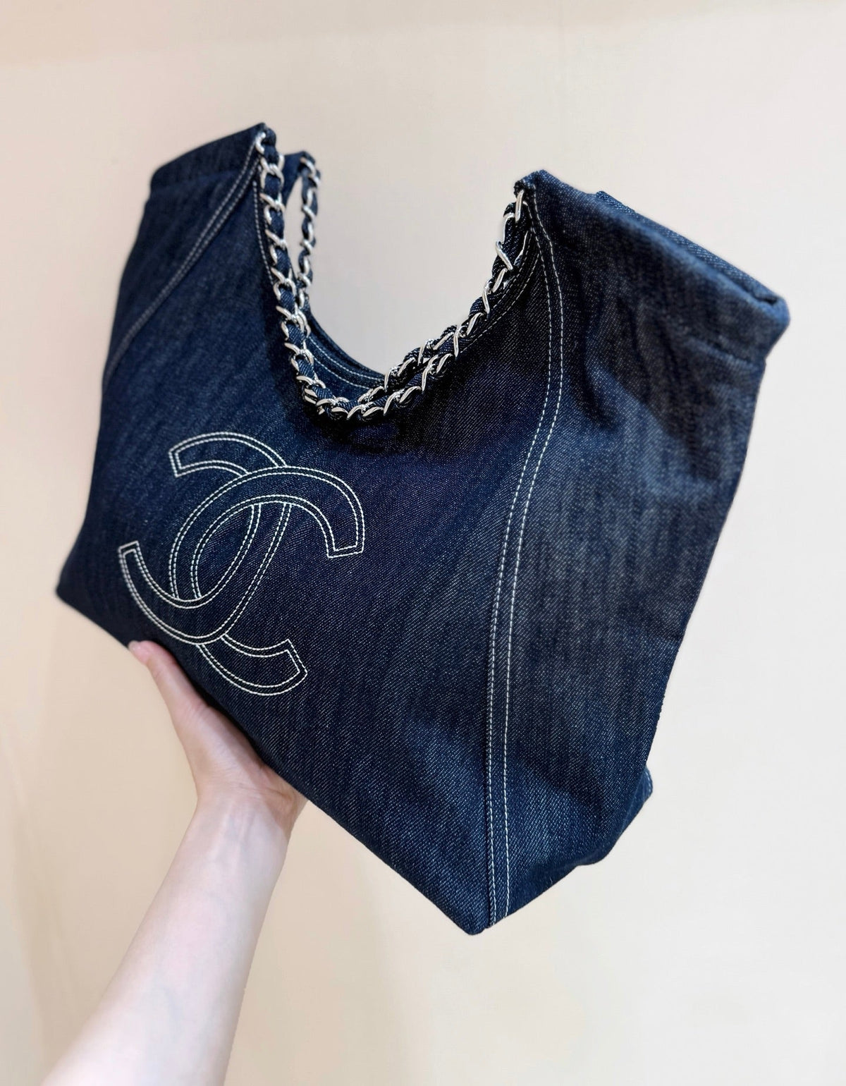 CHANEL 25S VINTEGA DENIM TOTE BAG 48 IN BLUE DENIM SILVER HARDWARE