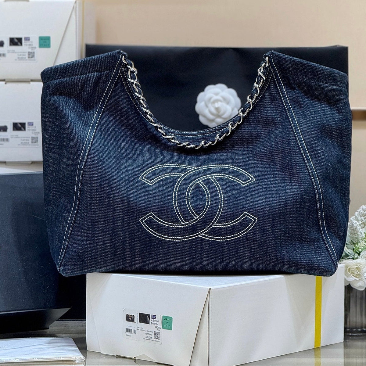 CHANEL 25S VINTEGA DENIM TOTE BAG 48 IN BLUE DENIM SILVER HARDWARE