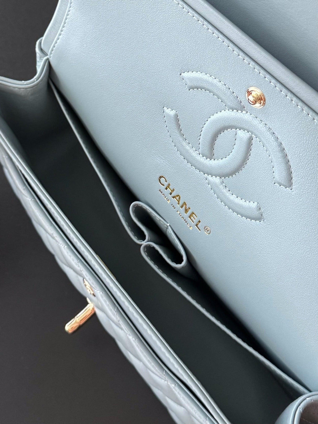 CHANEL 25S CLASSIC FLAP BAG 25 CM IN SLATE BLUE GRAY LAMBSKIN WITH GOLD HARDWARE