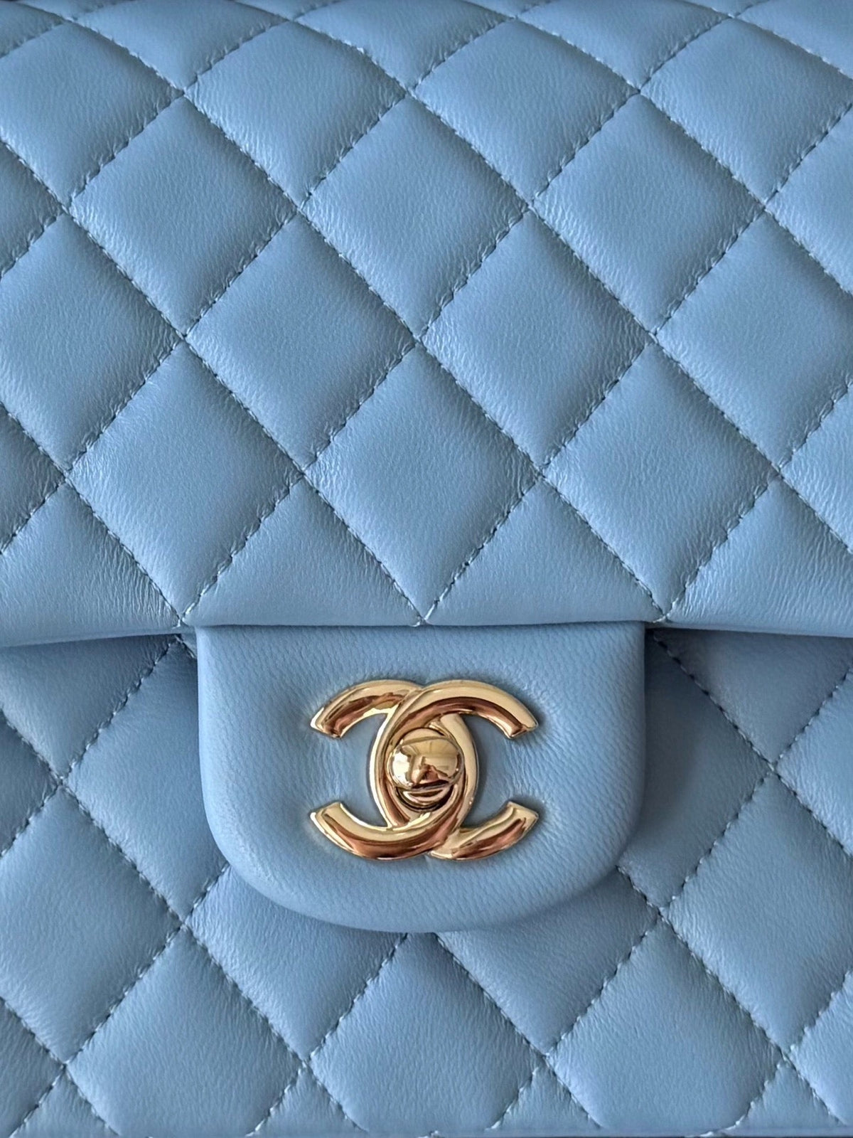 CHANEL 25S CLASSIC FLAP BAG 25 CM IN LIGHT BLUE LAMBSKIN WITH GOLD HARDWARE