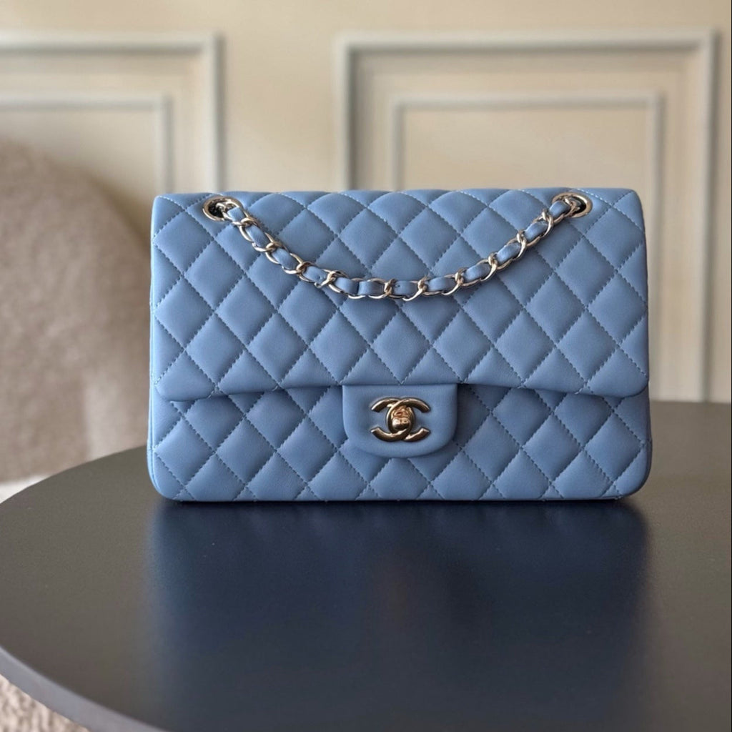 CHANEL 25S CLASSIC FLAP BAG 25 CM IN LIGHT BLUE LAMBSKIN WITH GOLD HARDWARE